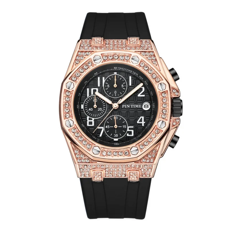 Multi functional diamond studded waterproof luminous calendar, trendy and fashionable quartz wristwatch for both men and women