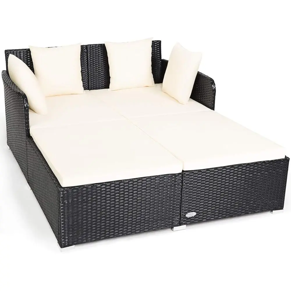 

Beige Rattan Daybed with Cushioned Loveseat and 4 Pillows for Outdoor Patio, Balcony, or Courtyard