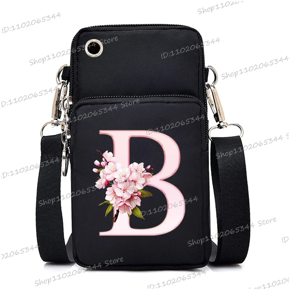 Pink Sakura Printing 26 Floral Alphabet A-Z Messenger Bag Hanging Neck Coin Purse Vertical Handbag Fashion Small Crossbody Bag