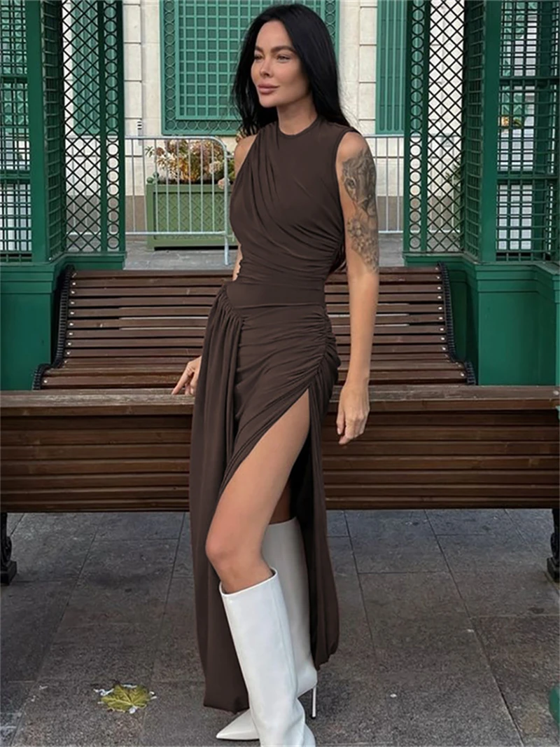 ストリートハイスプリットシャーリングドレス夏服女性 2025 ノースリーブマキシロングドレスイブニングパーティークラブセクシーなドレス Vestidos