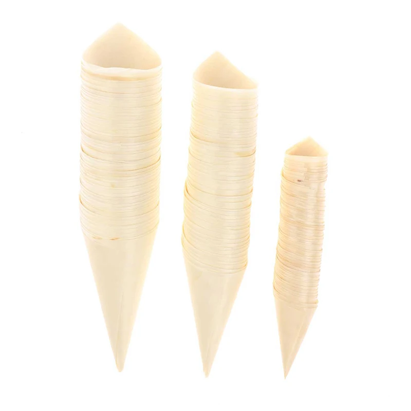 50Pcs Disposable Wood Appetizer Cones Biodegradable Cone Veneer Roll Disposable Ice Cream Cone Packaging Container Candy Cup