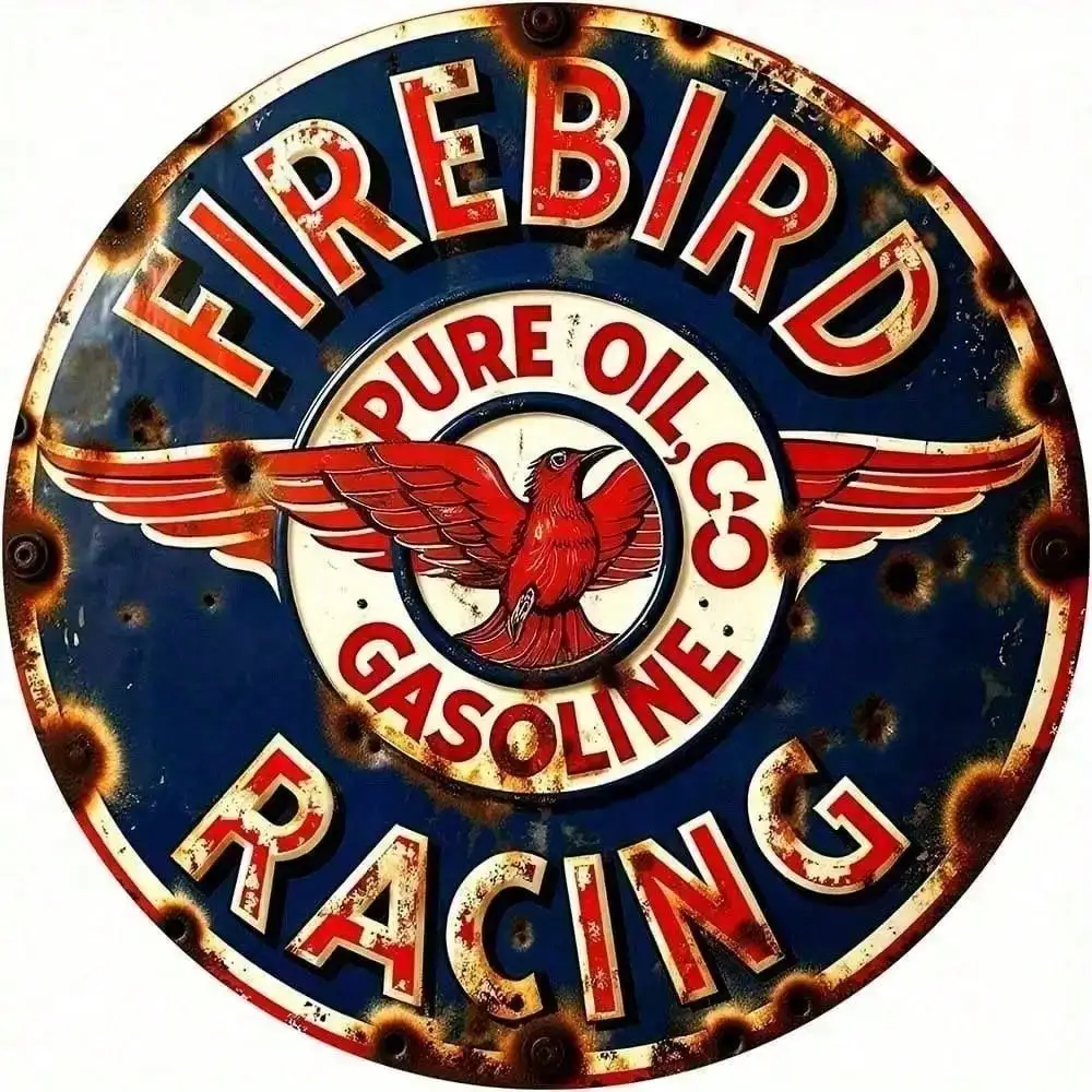 Letrero Metálico Vintage Firebird para Garaje, 16x12 Pulgadas, Decoración de Pared Retro de Carreras, Azul Rústico y Naranja, para Man Cave o Bar