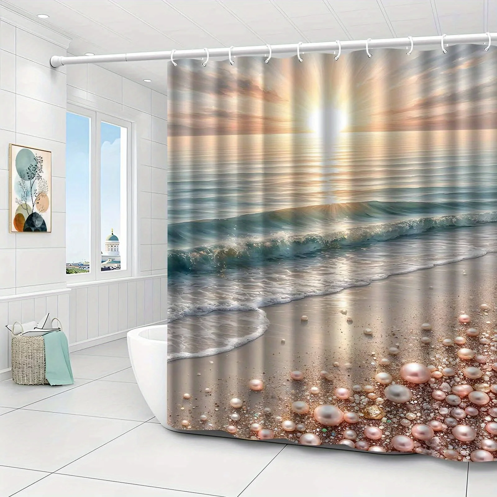 Ocean Beach Shower Curtain Waterproof Fabric Bathroom Curtains Pearl Shell Sunrise Seascape Bath Screen Divider Decor With