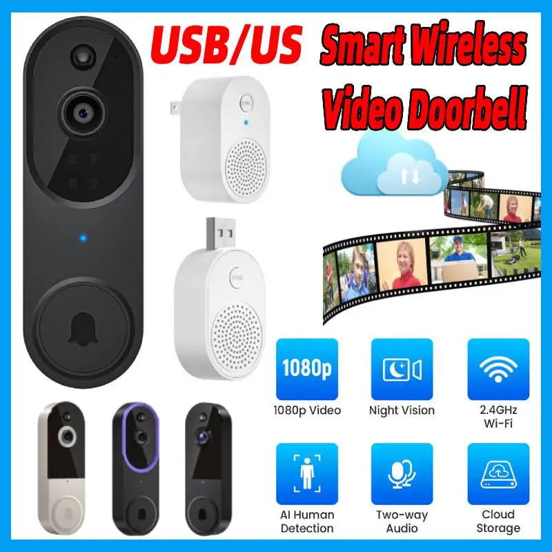 

Беспроводная видеокамера дверного звонка 1080P, двустороннее аудио, Wi-Fi, умный дверной звонок, обнаружение движения, ночное видение для домашнего офиса, безопасности