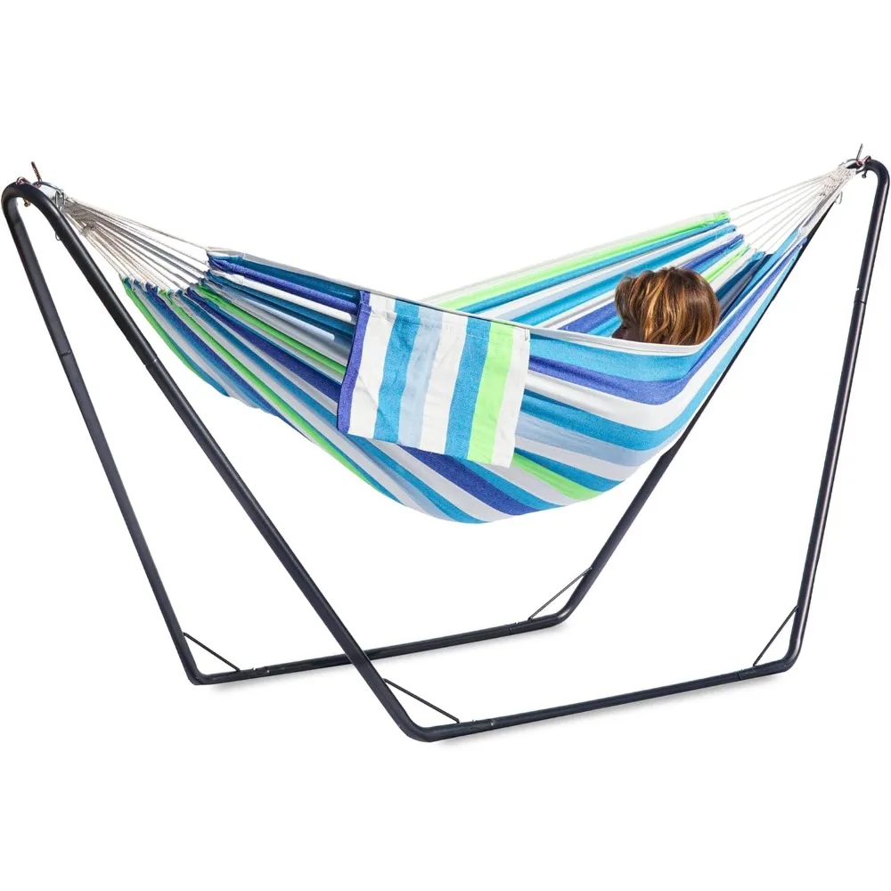 

Double Hammock with Stand for Outside, Stable V-Shape Space Saving Steel Stand 2 Person, Comfortable Pillow & Convenient Side