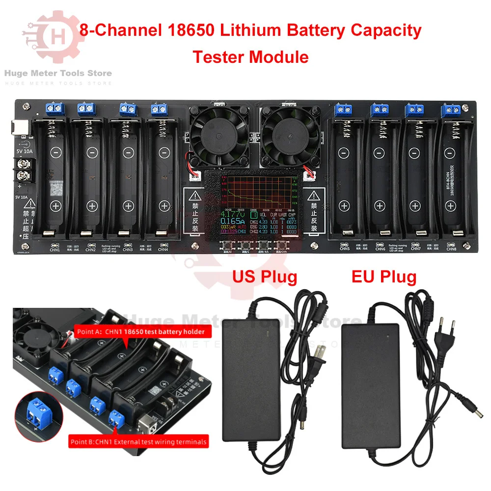 

Type-C 8-Channel 18650 Lithium Battery Capacity Tester Module Battery Capacity Internal Resistance Tester US EU Plug Power Adapt