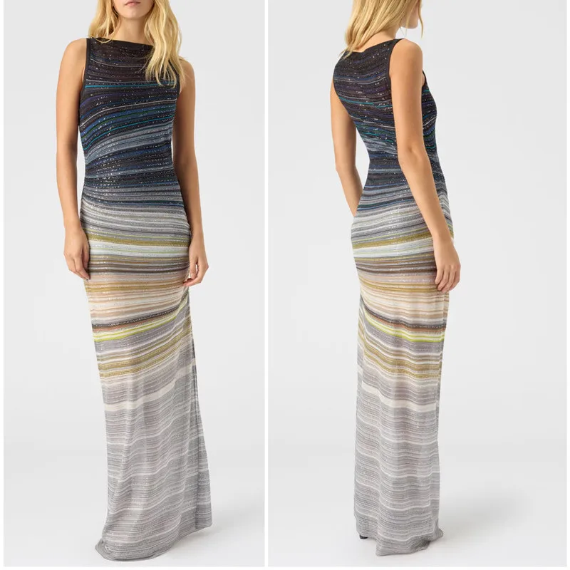 Vestido largo de punto ajustado con lentejuelas metálicas sin mangas y rayas con cuello barco para mujer