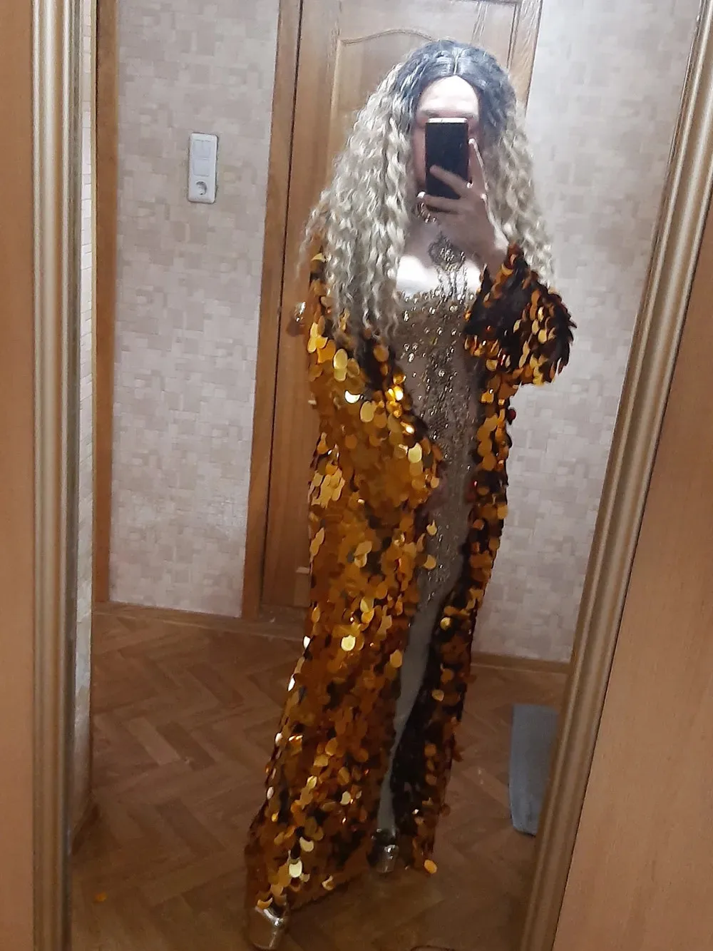 Bar Stage Women Singer Gold Sequin Cloak Long Coat Performance Costume Hip Hop Leading Dance Shiny Mirror Overcoat Show Clothes