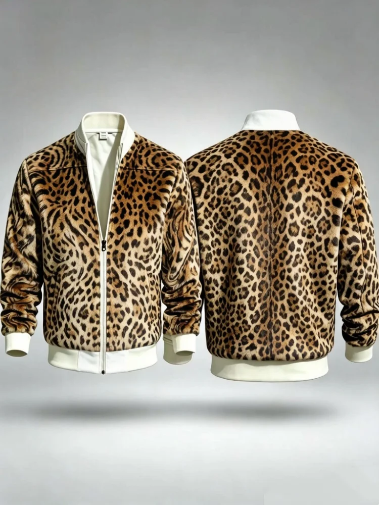 Men Slim Stand Collar Zip Bomber Jacket With Pockets Leopard Print Street Casual Coat