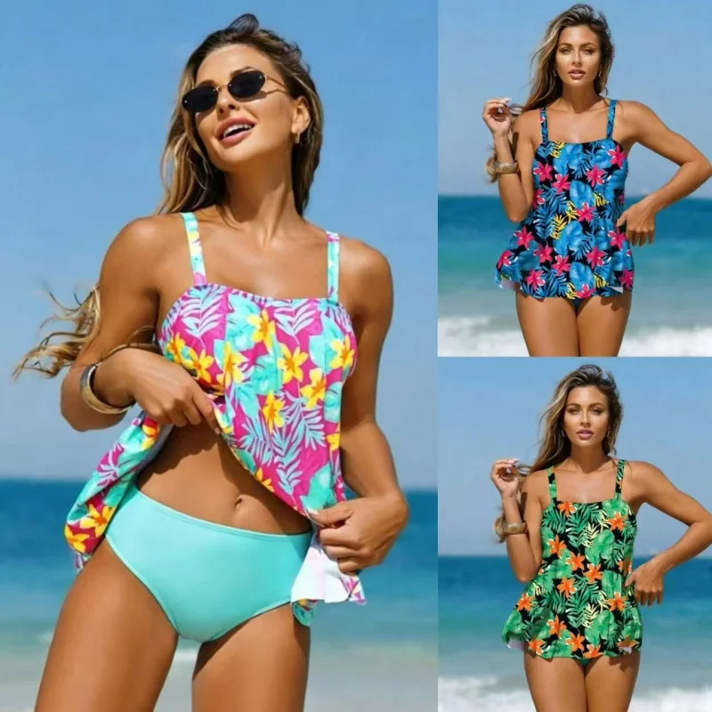 2026 Latest Fashion Two Piece Tankini Swimsuit Printed Loose Beach Swimwear for Summer Vacation