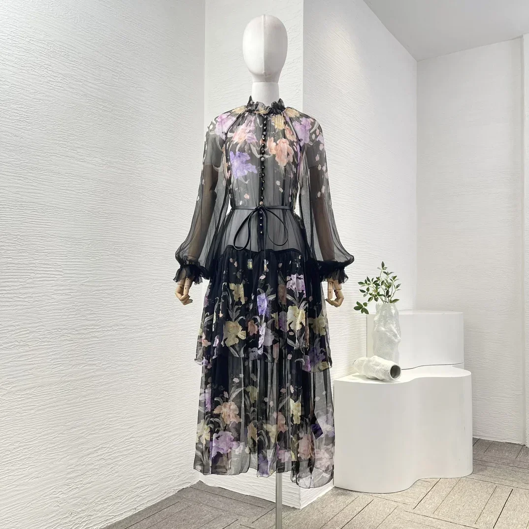 

2024 New Silk High Quality Autumn Black Lily Print Ruched Long Sleeve Midi Dress for Women