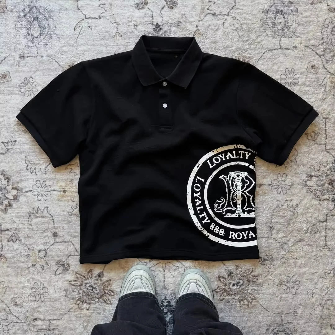 Y2K Polo Shirt Print Rock Goth Oversized T-shirt Hip Hop Button-down Collar Shirt Punk Casual Tee Minimalist and Fashionable