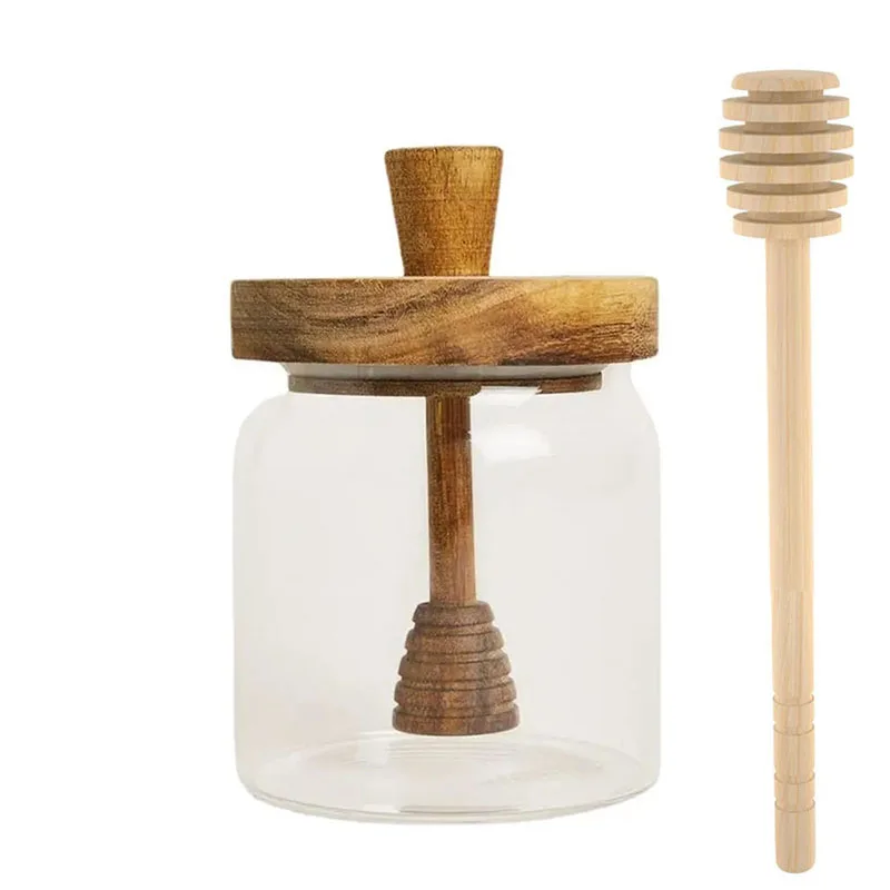 Honey Jar and Dipper Set Stick and Jar Glass Honey Containers with 1 Wooden Honey Dipper, Honey Pot Airtight 500 ML