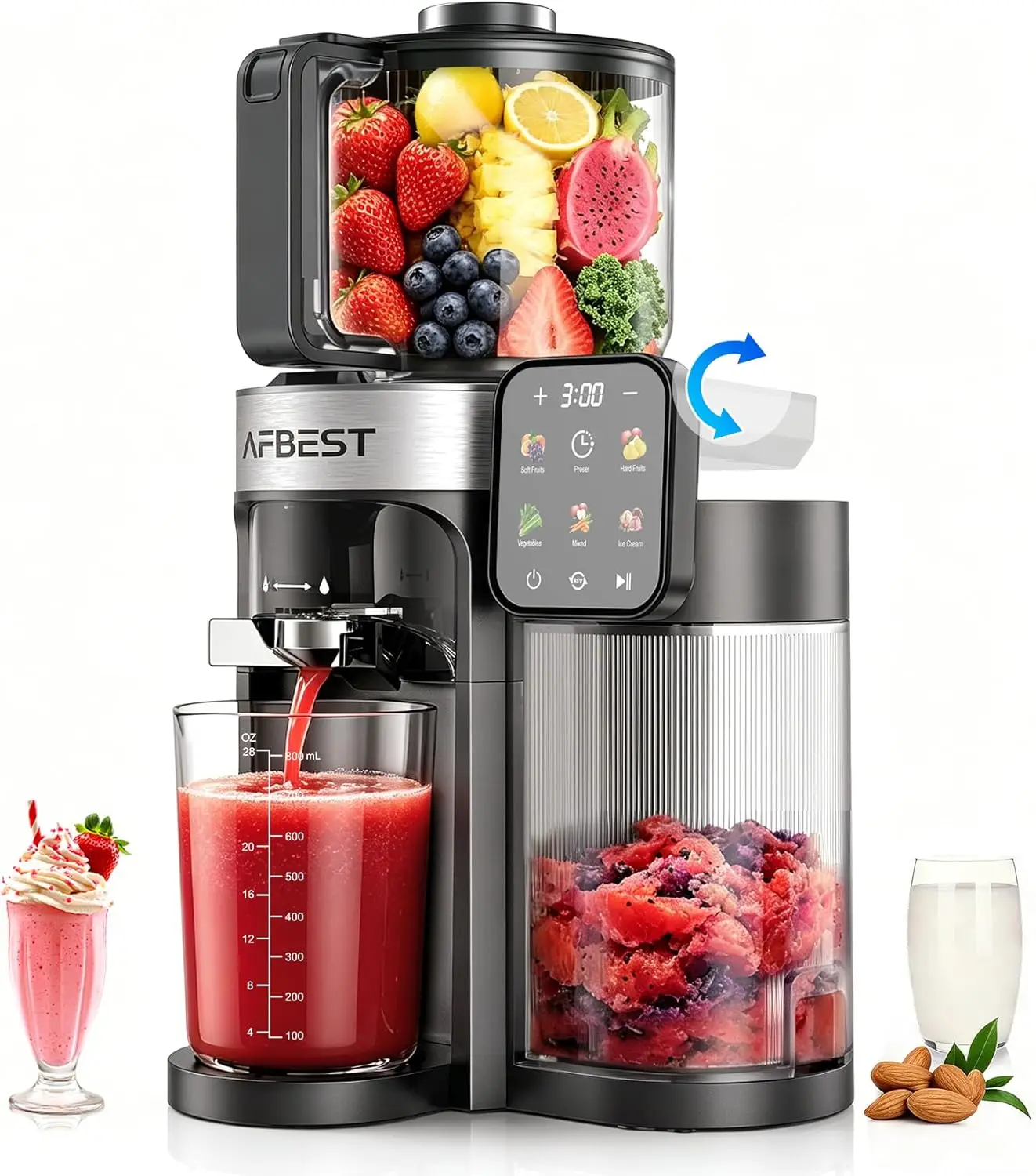 2026 Upgraded Cold Press Juicer: 155mm Wide Chute & 2.5L Self-Feeding Hopper, 3-in-1 Smart Touch Screen for Whole Fruits, Vegetables, Sorbet & Nut Mil