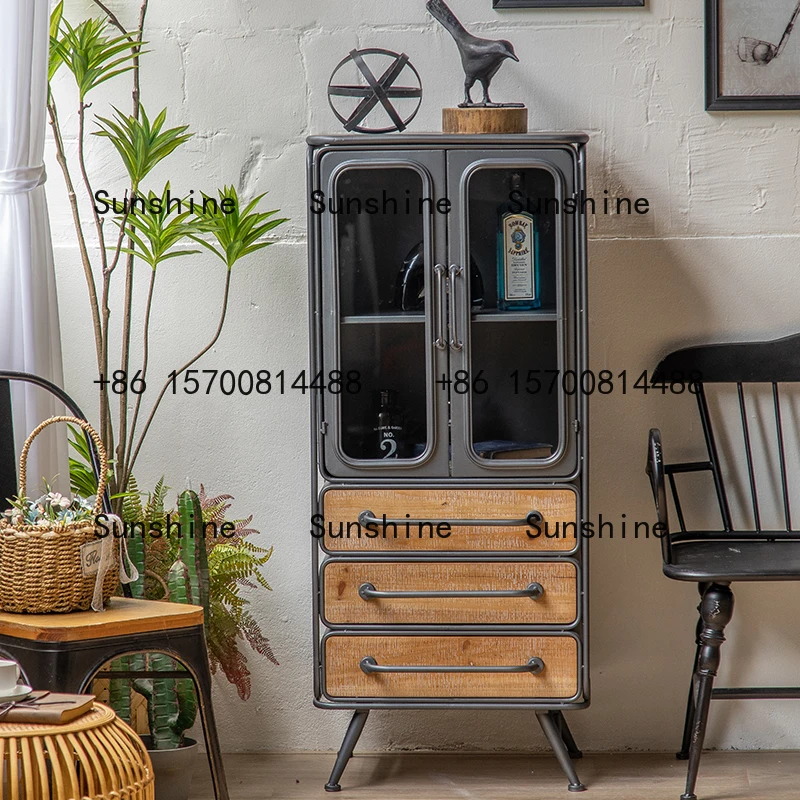 

French vintage industrial style solid wood four-drawer low cabinet living room side table storage cabinet