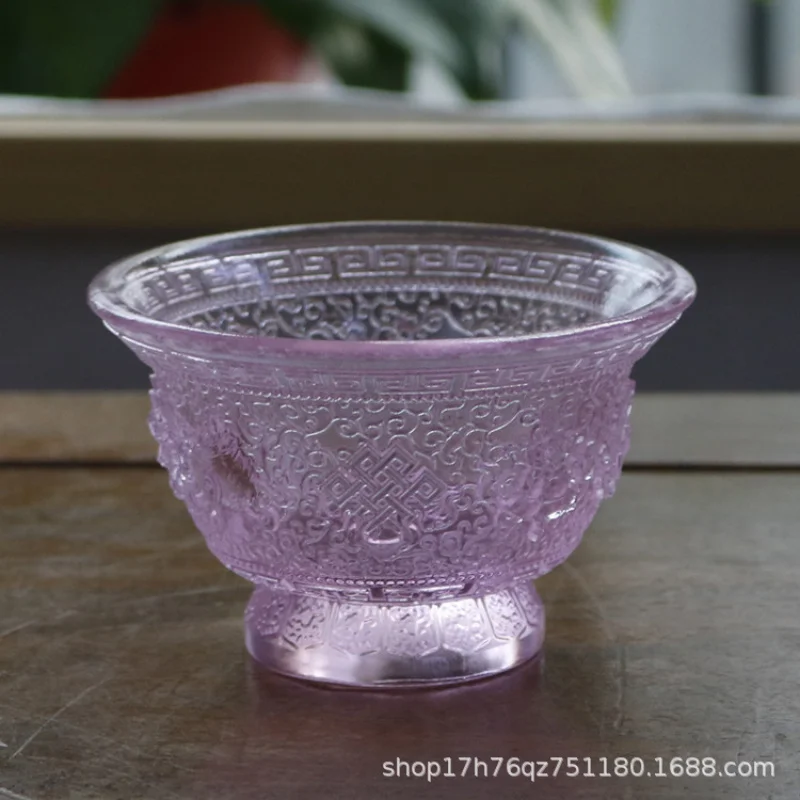 Eight Auspicious Relief Texture Seven-Color Ancient Glaze Tribute Colorful Offering Cup Water Bowl Buddh
