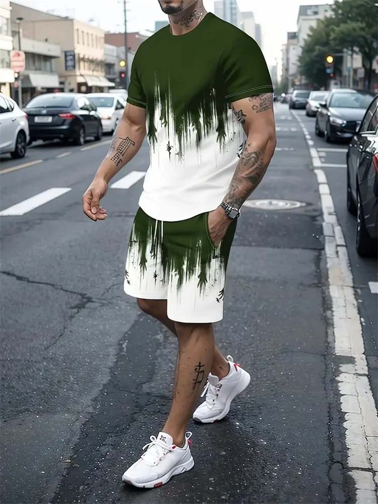 Men Women Gradient Texture T-shirt Two-piece Suit Short 3D Print Street Casual Sportswear Summer Style Fitness Running Clothing view 4
