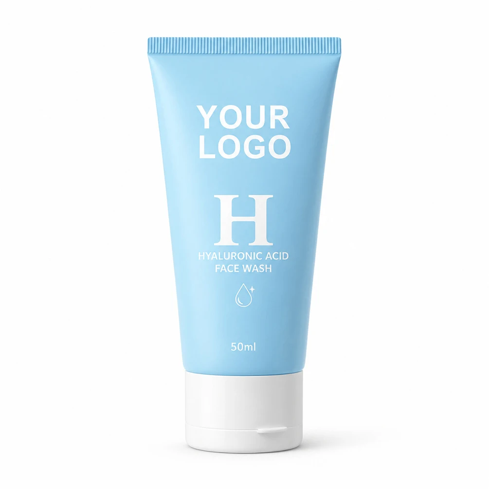 Private Label Facial Cleanser Custom Logo 50ml Blue Tube HA Facial Cleanser Hydrating Acid Face Skin Care Makeup Wholesale Vegan