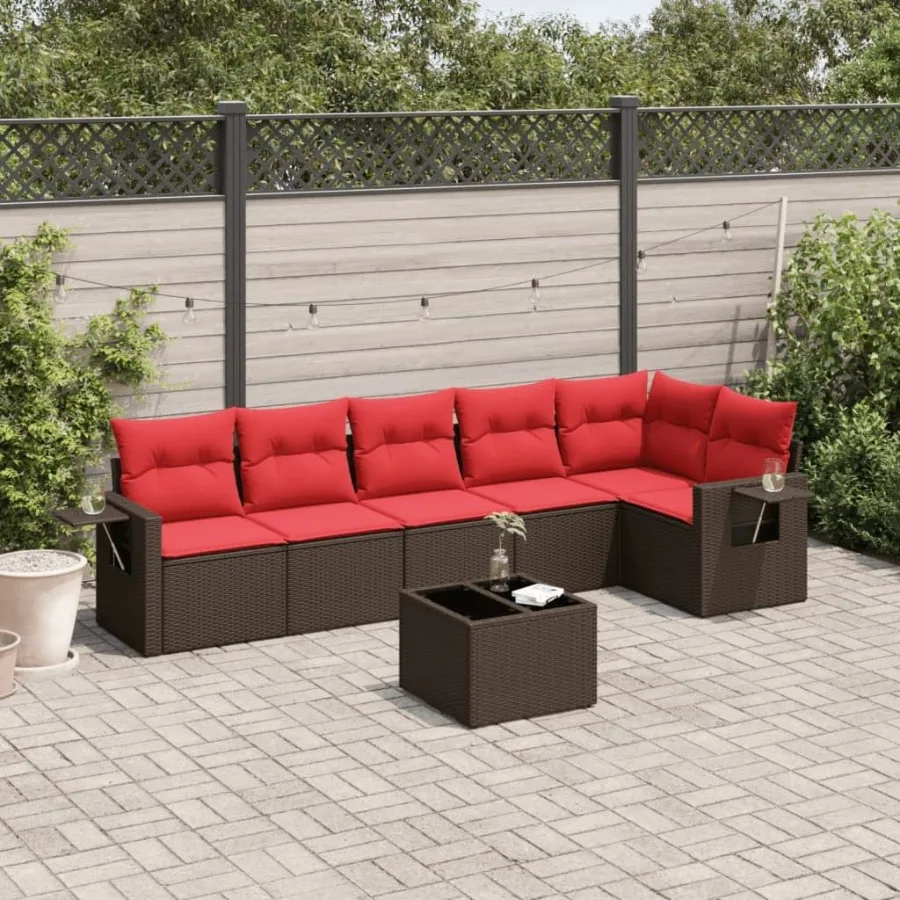 

7 Piece Patio Sofa Set with Cushions Brown Poly Rattan