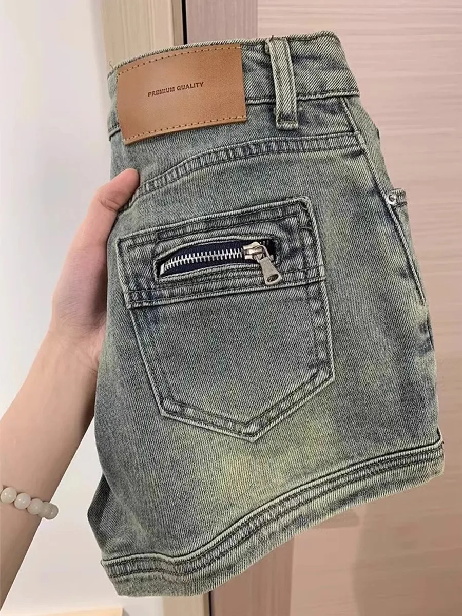 

Retro Hong Kong Style High Waist Slimming A-Line Wide Leg Short Jeans Women Summer New Fashion Cotton Stretch Denim Pants