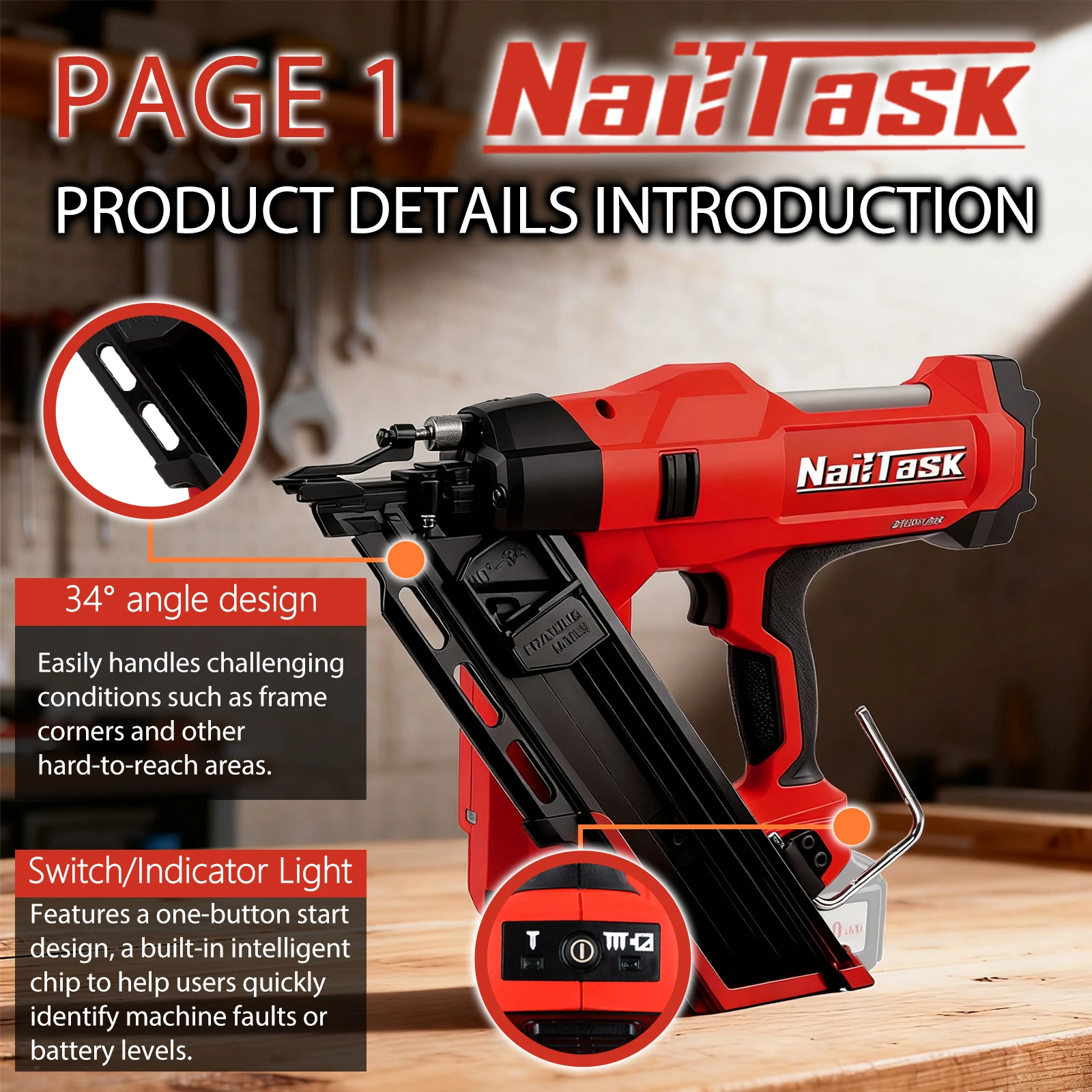 

NailTask 34 ° Аккумуляторный бесщеточный гвоздезабиватель/степлер Degree Framing Nailer с гвоздями 75 мм для мебели и деревообработки