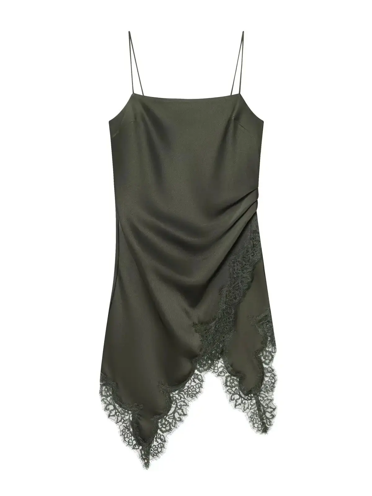 2026 Abito da donna europeo elegante verde scuro in raso di seta con canotta in pizzo e fionda Abito da sera vintage senza maniche da donna