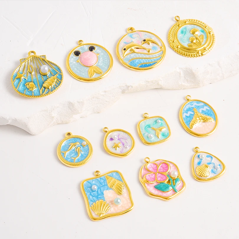 

7Pcs High Quality Charms Real Gold Plated Personalized Stainless Steel Pendant Flower Fish Tail Creative DIY Making Jewelry