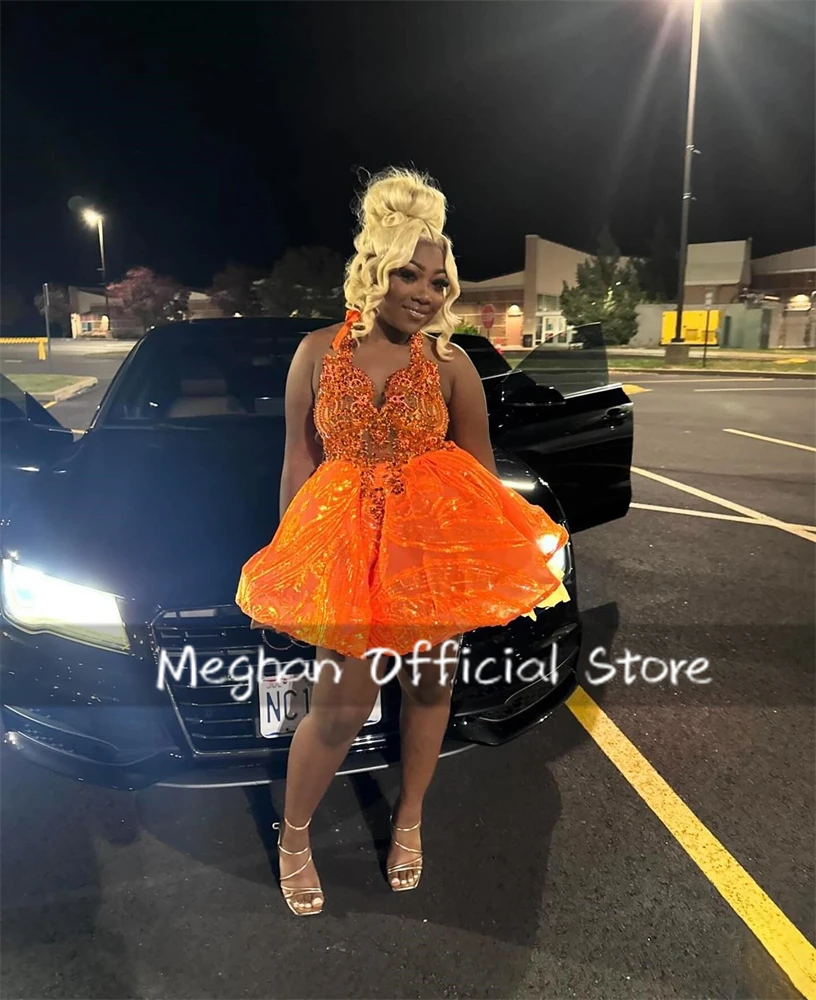 Orange Halter Prom Dresses Short Bead Crystal Appliques 2025 Birthday Luxury Dress Black Girl Ball Gown Mini Cocktail Customized