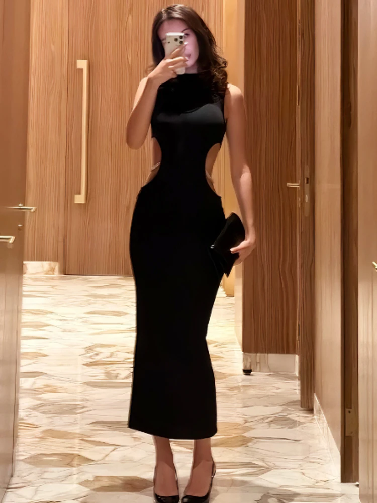 HXAO Black Long Dresses Womens Dresses Evening Dress Rhinestones Cut Out Sleeveless Vestidos Luxury Women's Elegant Party Dress
