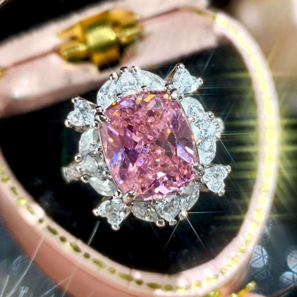 

Big 5 Carats Pink Quartz Diamonds Flower Rings for Women Romantic Silver 925 Finger Bands Evening Party High Grade Jewelry Gifts