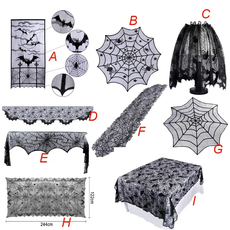 Mantel de araña para Halloween, cortina de puerta de encaje negro, cubierta de chimenea, camino de mesa para fiesta en casa, accesorios de decoración