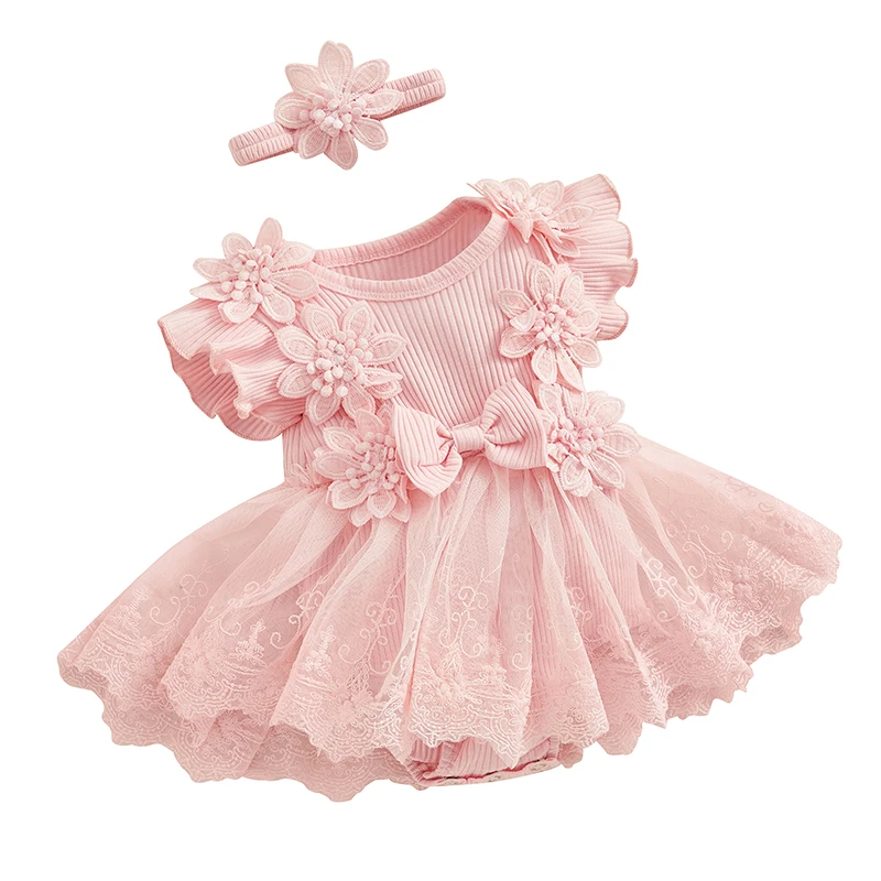 Infant Baby Girl Lace Romper Baby Tulle Dress Romper Flowers Bodysuit Spring Summer Festival Clothes with Headband