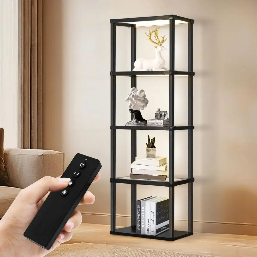 Display Shelf Floor Lamp, Dimmable LED lamp with 3 Color Temperatures, Sturdy Glass Curio Cabinet Bookcase with Remote Control,