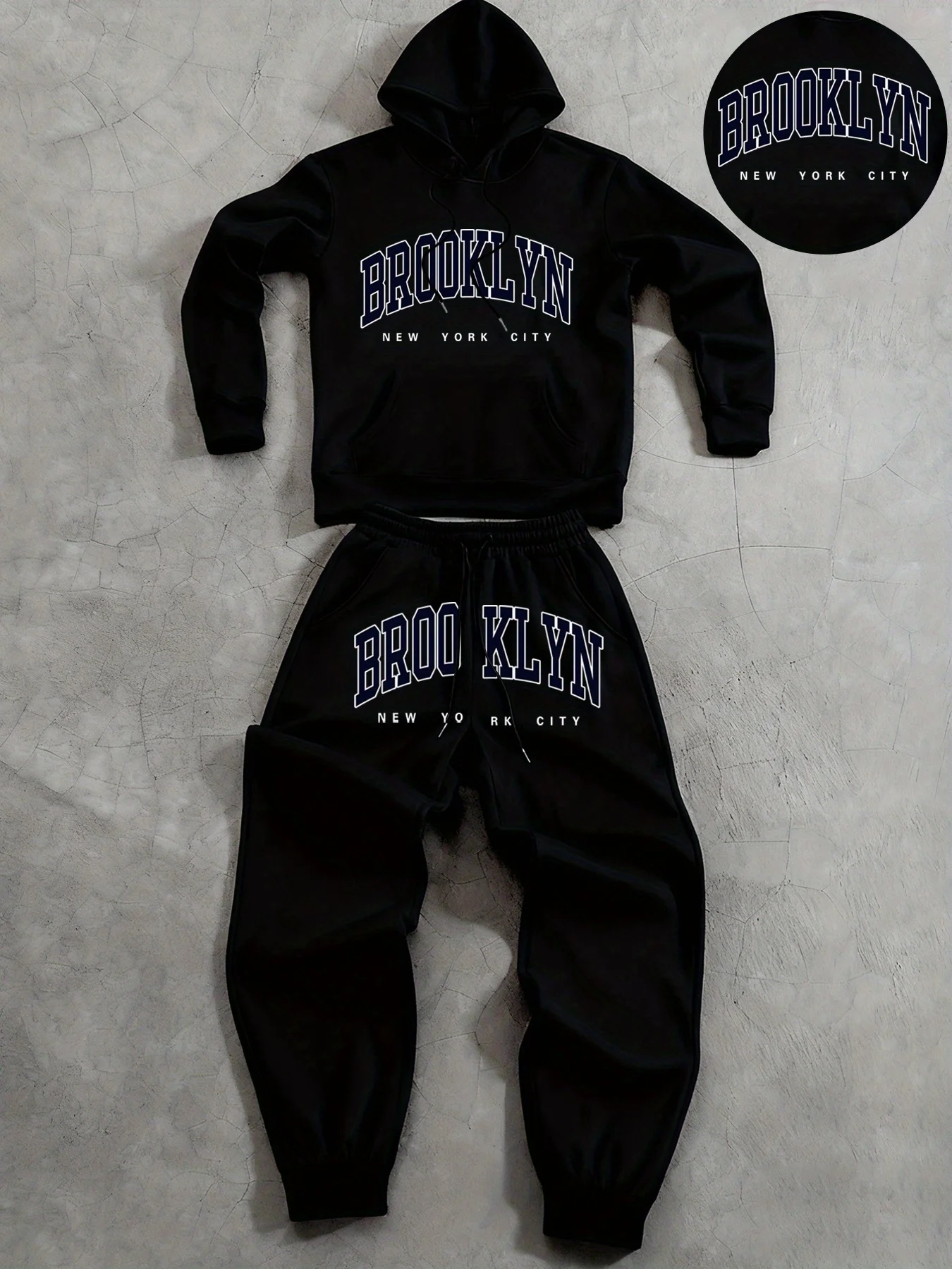 American men's autumn Brooklyn print soft and comfortable hooded sweatshirt long pants set outdoor urban casual clothing