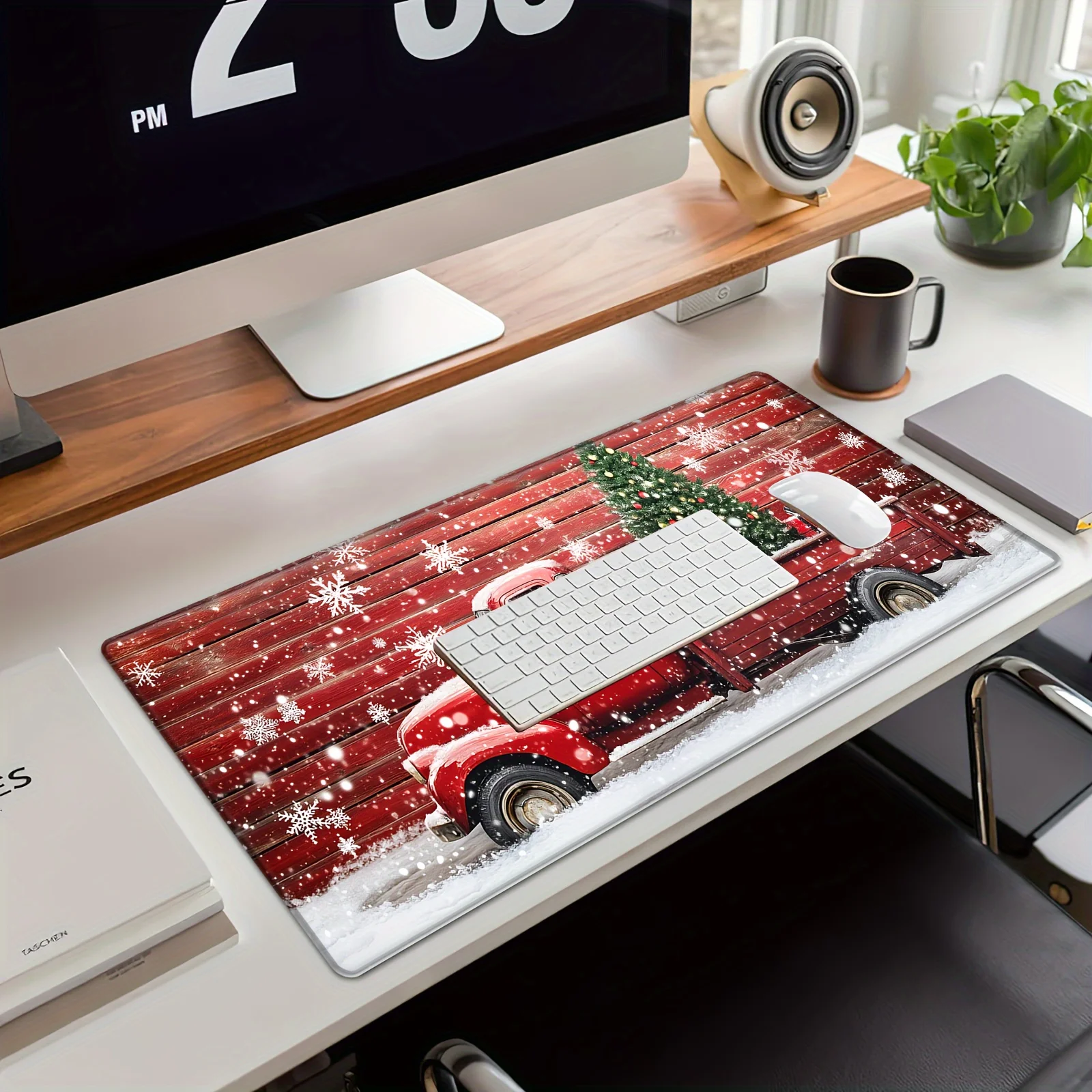 Tappetino per mouse con albero di Natale e camion rosso con base in gomma antiscivolo e bordi cuciti - Tappetino da scrivania festivo esteso di grandi dimensioni per la casa O