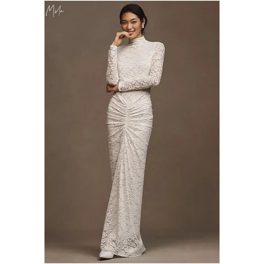 Mila White High Neck Long Sleeved Shirt Customized Prom Dresses Floor-Length New In Dresses Trumpet Zip Elegant فساتين سهرات