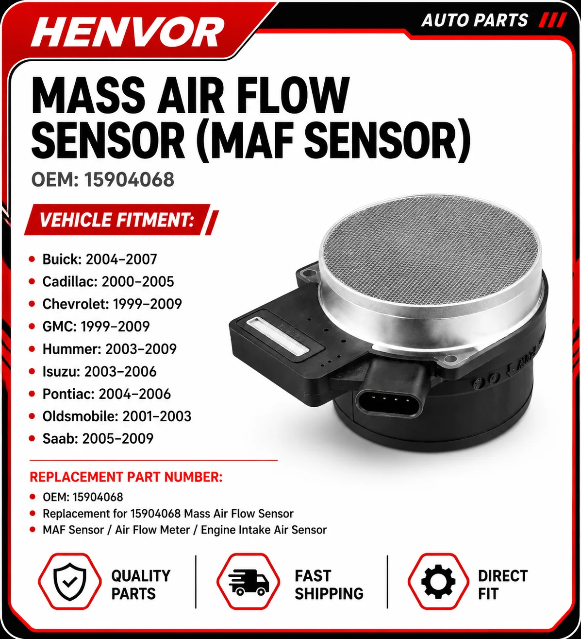 Mass Air Flow Sensor MAF 15904068 For Cadillac Chevrolet GMC Hummer Isuzu Saab Buick Pontiac 1999-2009