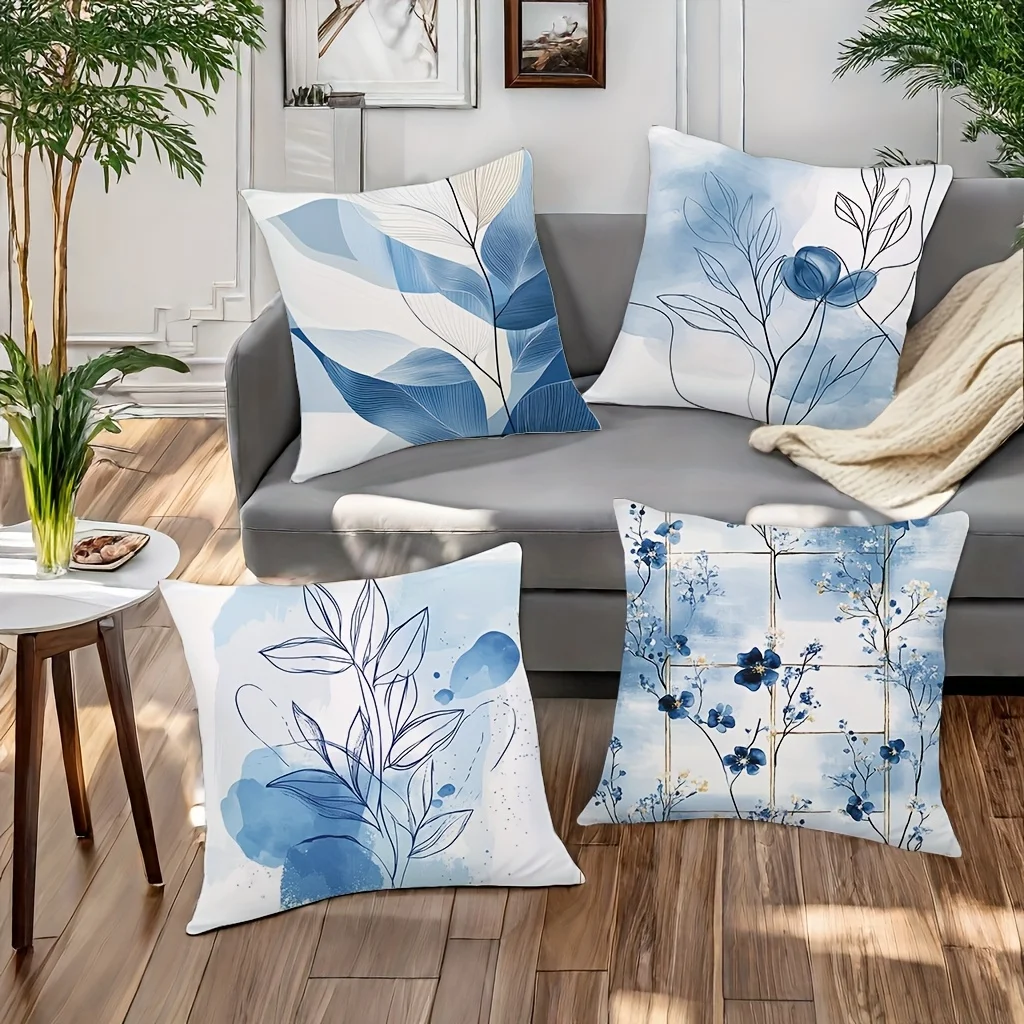 4 piezas  fundas  almohada elegantes  flores azules y blancas, 17,72