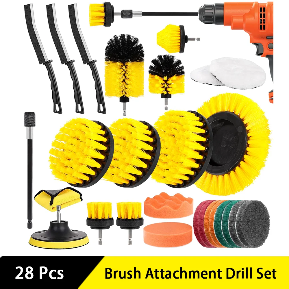 28 Pcs Brush Attachment Drill Set Electric Cleaning Brush Rim Brush Kit for Drills Rims Joints Corner Brush for Kitchen Bathroom