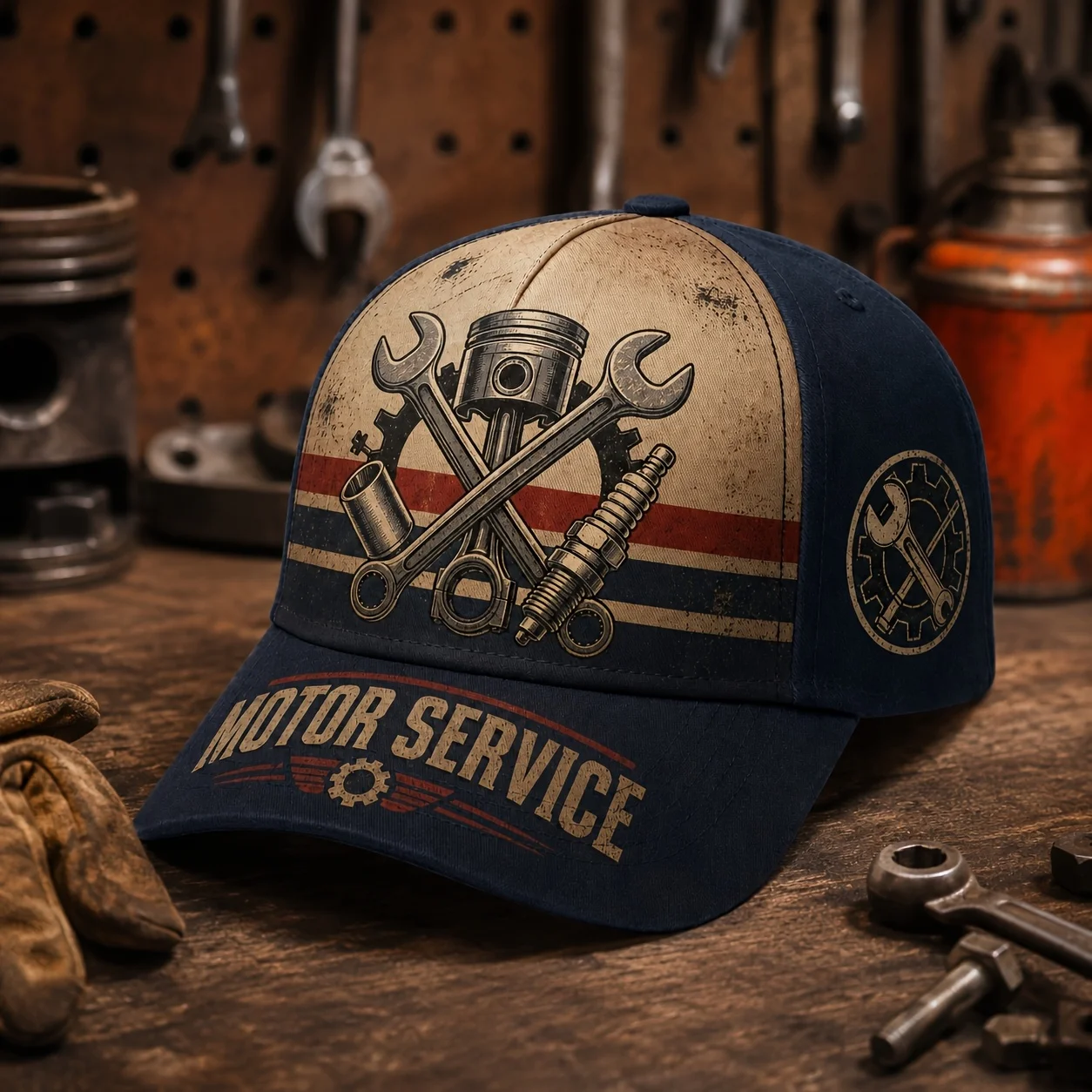 Custom Men' & Women' Retro Mechanic Trucker Hat With Piston & Wrench Print - Adjustable Breathable Baseball Cap Suitable For Car