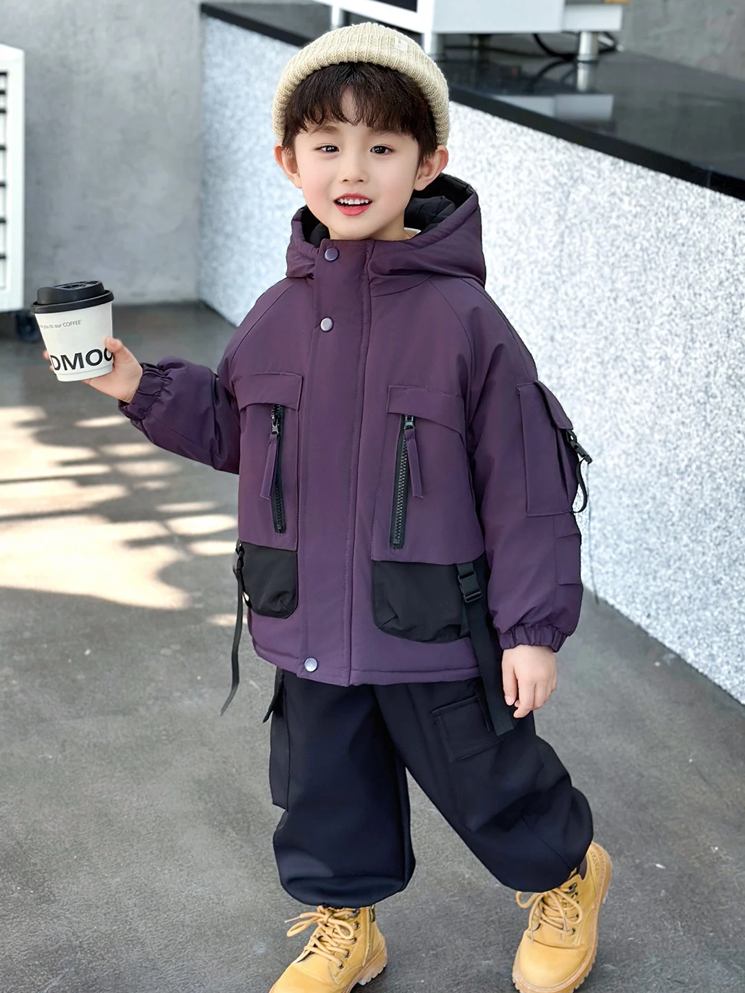 

Thiened фиолетовый, красный хлопковый джинт с капюшоном для мальчиков, зимняя теплая парка, рабочая одежда, модная молодежная повседневная длинная све на молнии