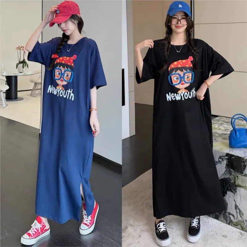 Abito t-shirt estivo in stile coreano: maniche corte, vestibilità ampia, taglie forti, lunghezza media con spacco - Temperamento senza sforzo