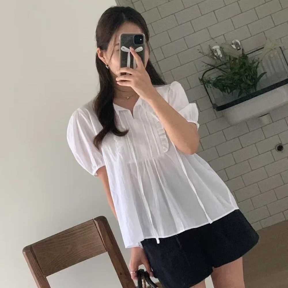 Korean Chic Bow Tie Wooden Edge Short Sleeve Women's Shirt Stylish Polka Dot Print Slim Fit Bubble Sleeve Button up Top