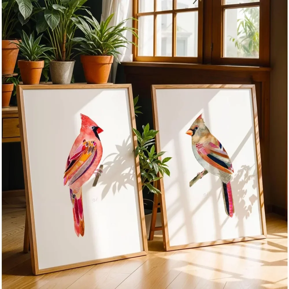 2pcs frameless Canvas Painting 2pcs Frameless,Cardinal Watercolor Painting Art, Minimalist Animal Canvas Painting Printing, Livi