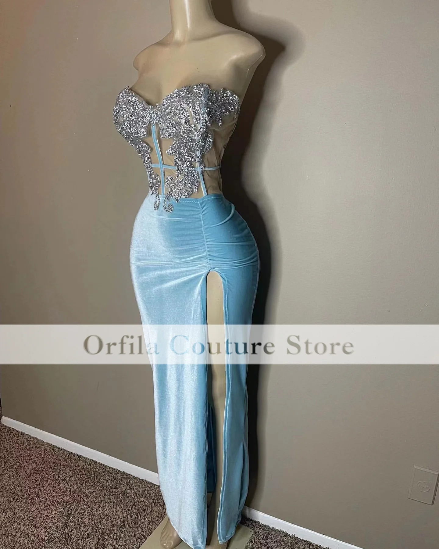 Bebê azul veludo vestido de baile fenda topo beading robe de soirée femme rendas até celebridade vestidos de festa à noite