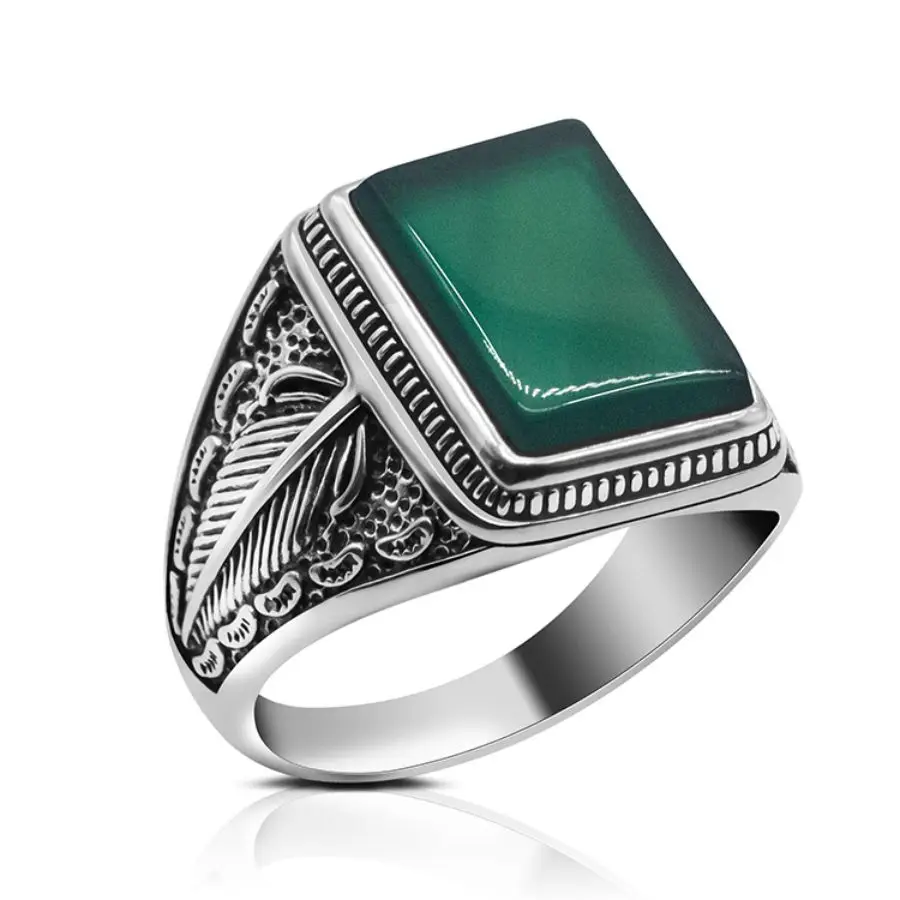 

Silver 925 Men Turkish Vintage Sterling Stylish and Unique Green Natural Agate Stone Men Ring