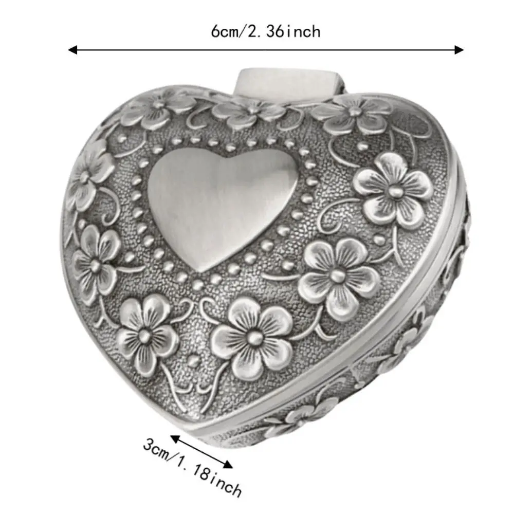 Heart Shape Vintage Jewelry Box Metal Construction Carved Flower Metal Jewelry Box Antique Finish Earring Storage Storage Box