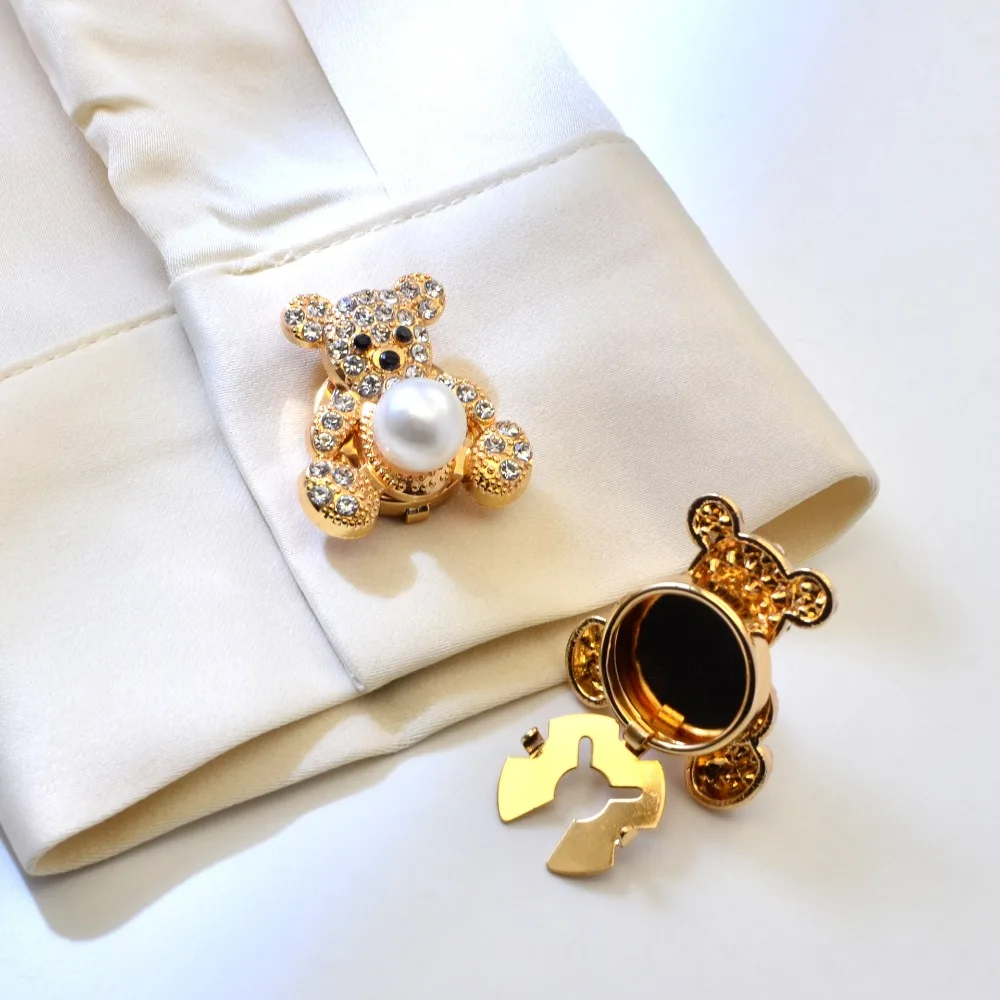2PCS Chic Button Covers Pearl Rhinestone Shirt Cufflinks with Cute Bear Charms Elevate Your Style with These Adorable