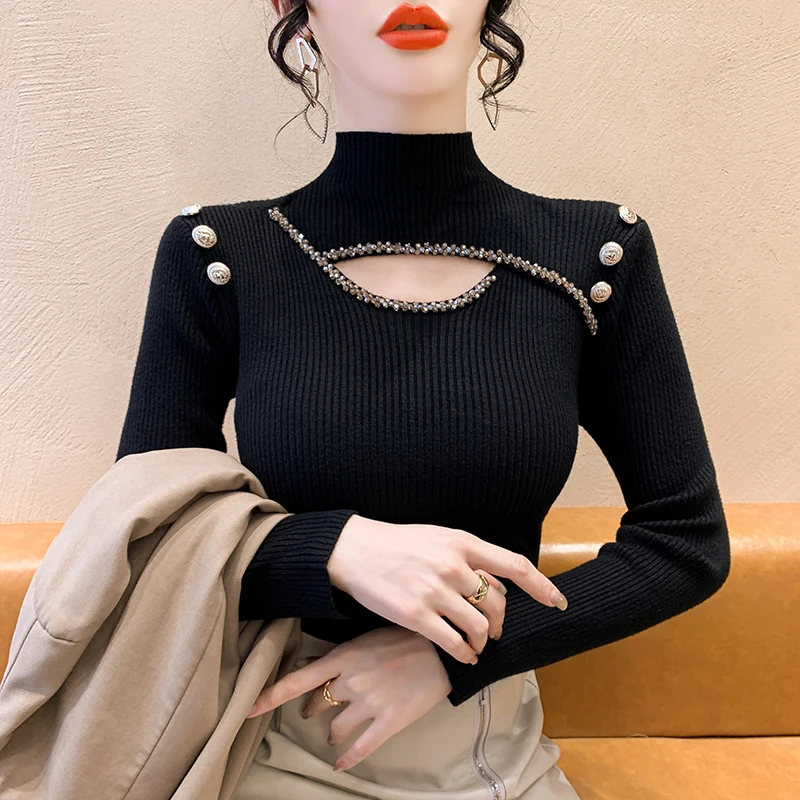 

Autumn and Winter New Pure Desire Sweet and Spicy Girl Hollow Out Half High Collar Knitted Shirt Women's Slim Fit Top