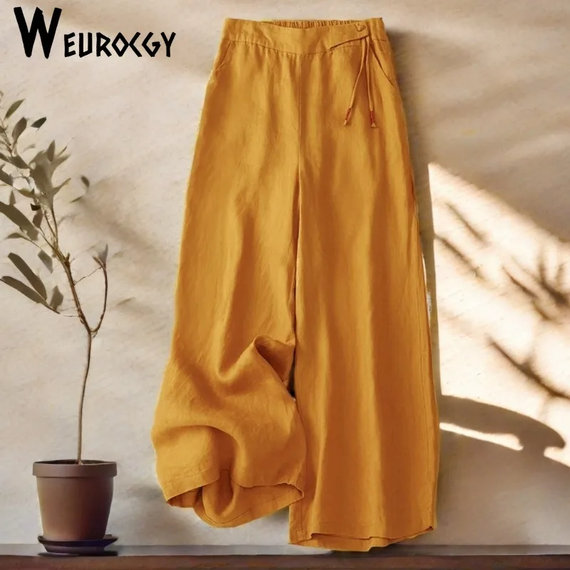 Retro Artistic 2024 Autumn Wide Leg Pants Women Elastic High Waist Cotton and Linen Casual Pants Loose Straight Women's Pants